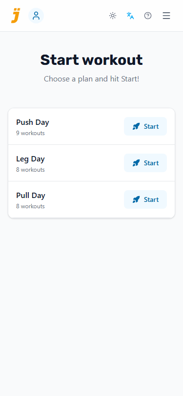 Start workout screen offering Push Day, Pull Day, and Leg Day plans