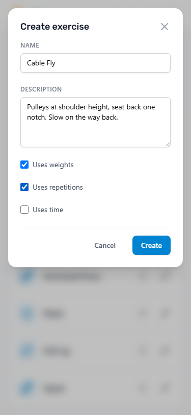 Create exercise form with name, description, and the weights, repetitions, and time options
