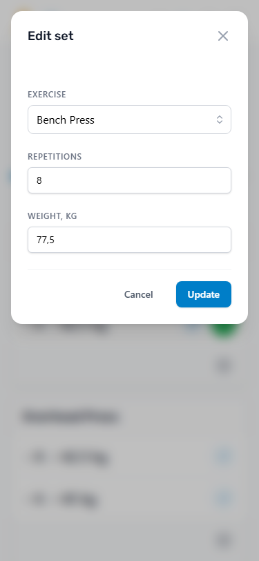 Edit set form for entering the repetitions and weight actually done