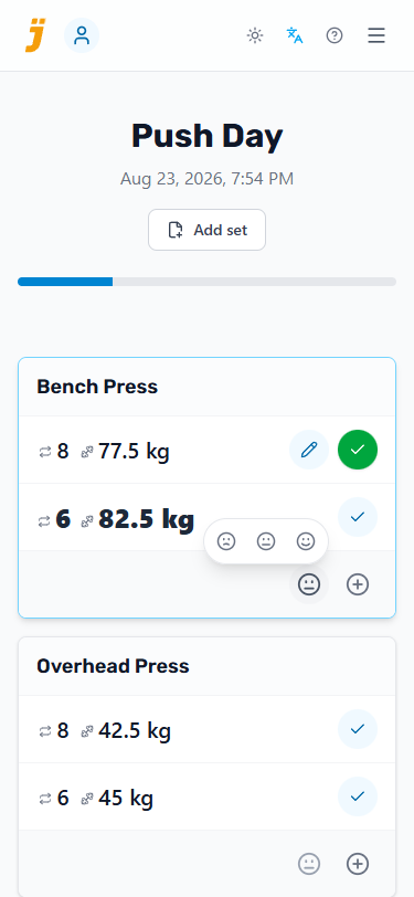 Workout screen showing the exercise feel rating popover with Tough and Easy options