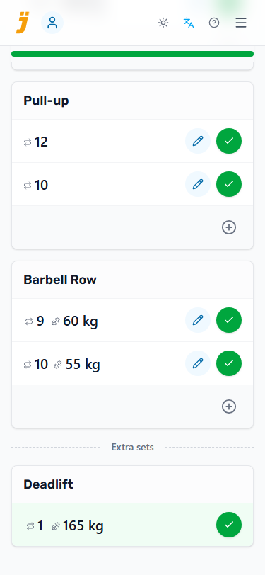 Workout screen showing an Extra sets section below the planned exercises