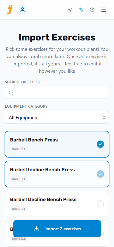 Exercise import screen with several ready-made exercises selected