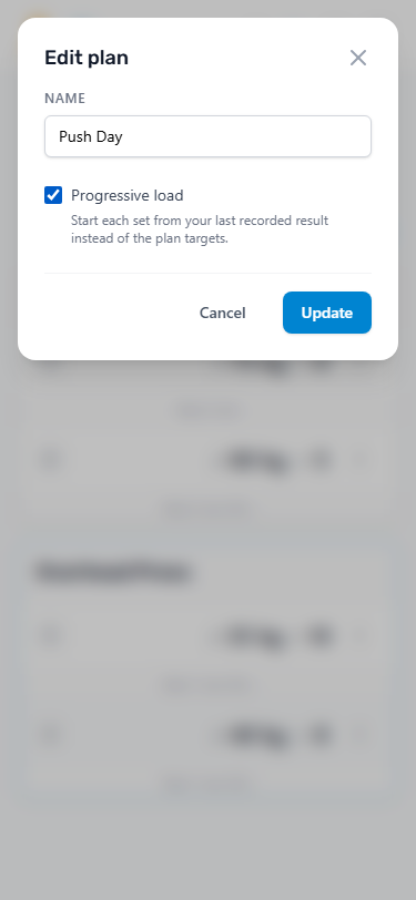 Edit plan dialog showing the Progressive load setting