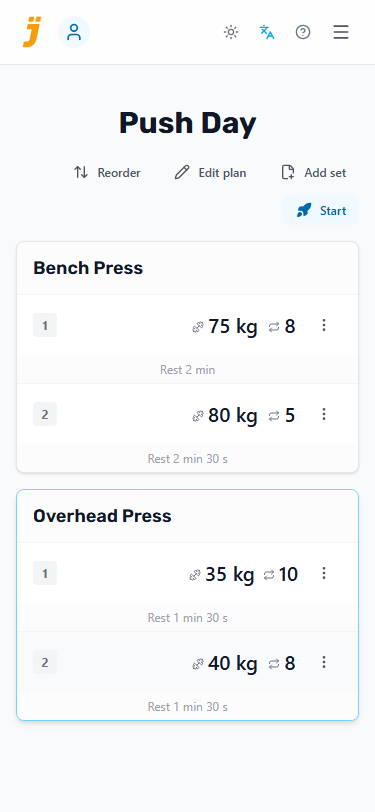 Push Day plan showing grouped Bench Press and Overhead Press sets with targets and rest times