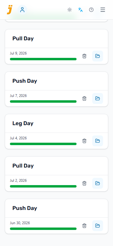 Workout history listing past sessions with their dates and completion bars